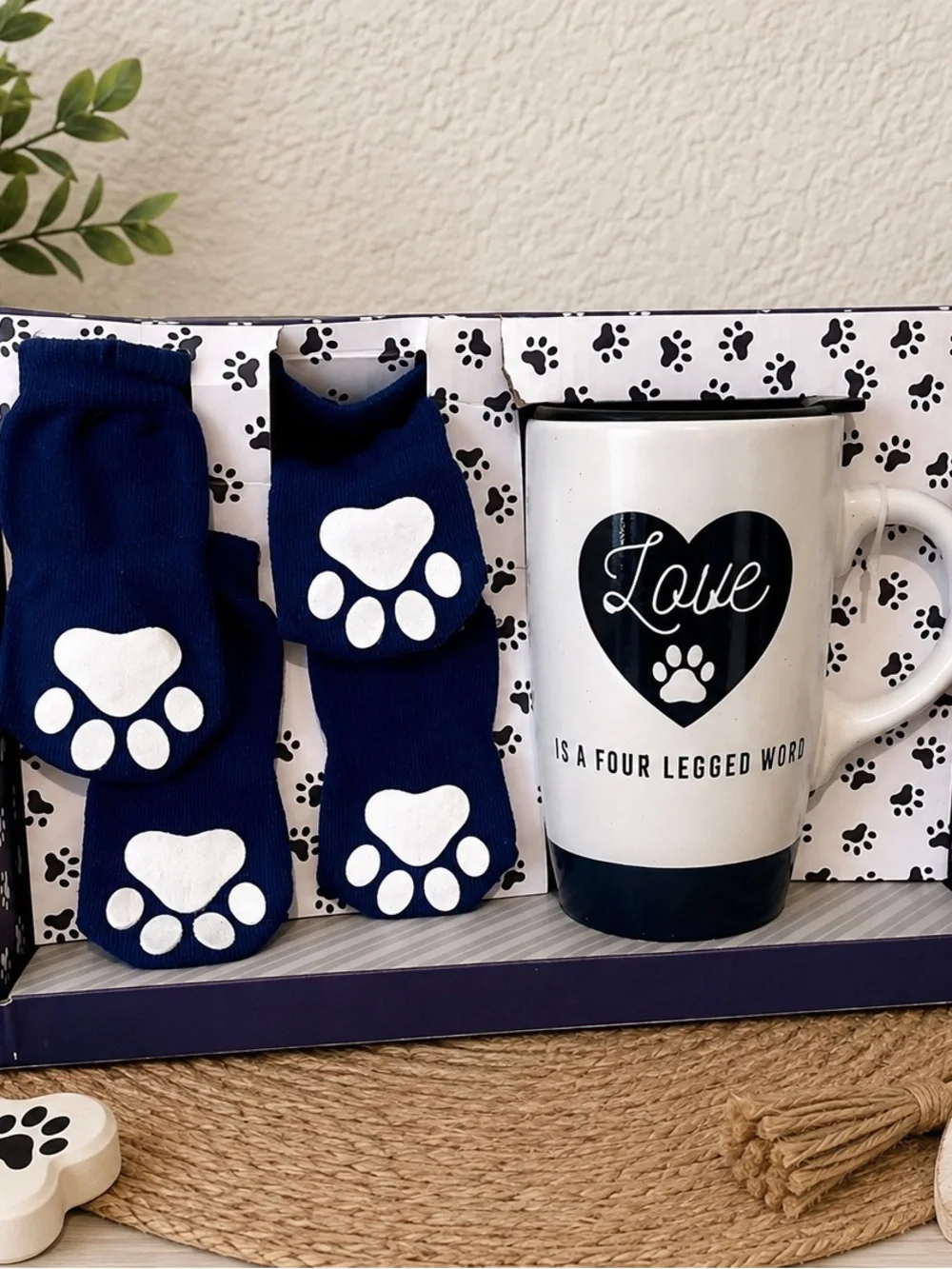 Sheffield Home Navy Dog Socks with White Paw Prints and Travel Mug